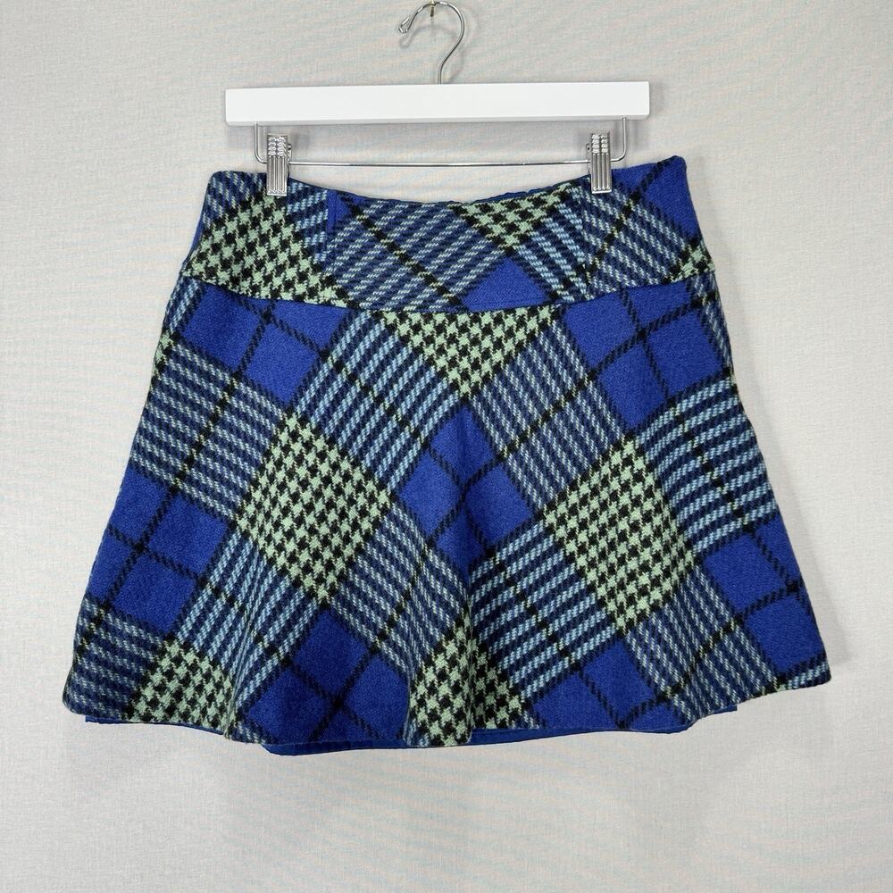 Boden Plaid Mini Skirt Womens 10 Blue Wool Blend Patchwork Academia Preppy Retro